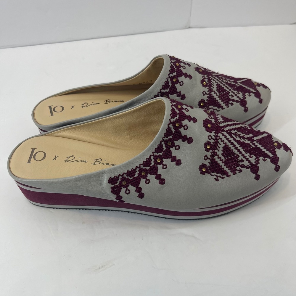 Leather Embroidered Slip On Mule 5.5 Platform Shoes Gray Jeweled Boho Flats